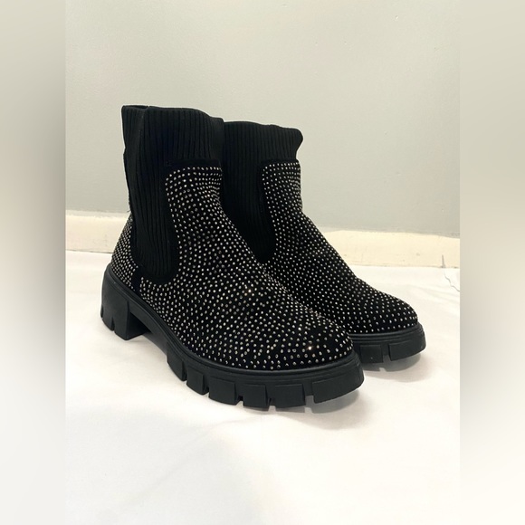 Forever Black Rhinestone Knit Combat Boot - Picture 3 of 13